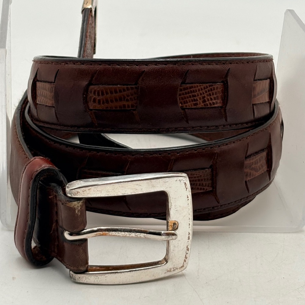 Mens Brown Top Grain Leather Woven Lizard‎ Embossed Western Belt Silver Tip 40
